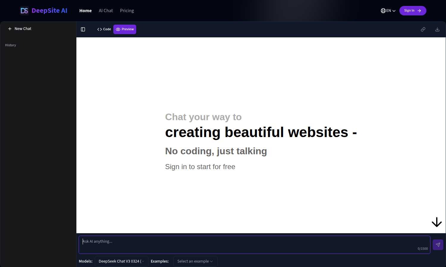DeepSite AI application interface and features