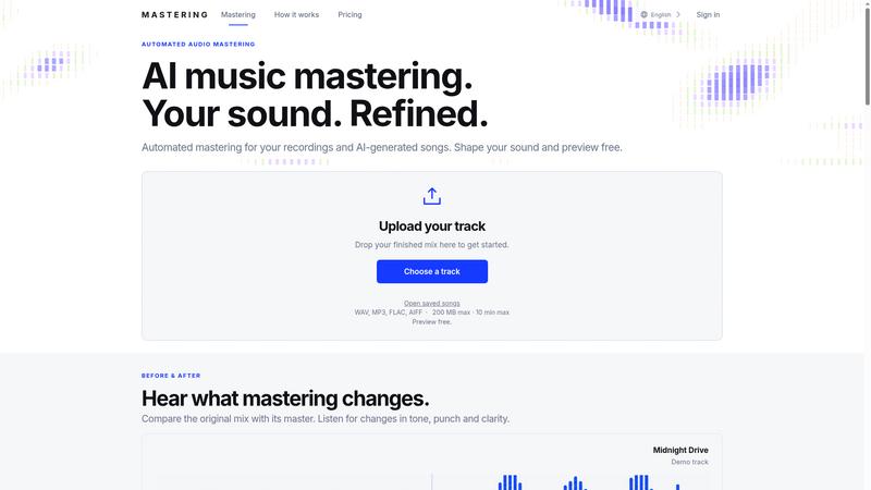 AI Music Mastering application interface and features