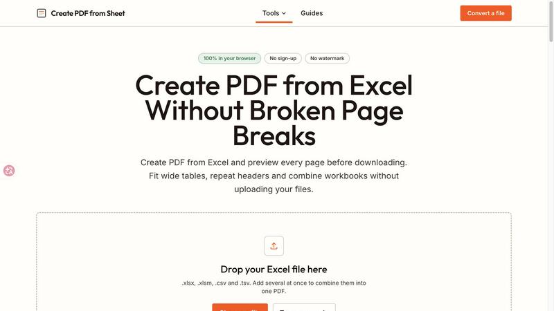 Create PDF from Excel Online application interface and features