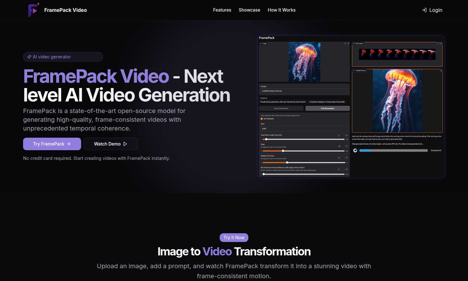 FramePack Video application interface and features