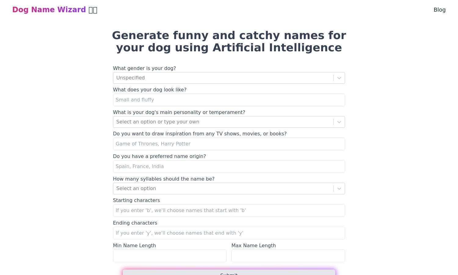 Dog Name Wizard Website