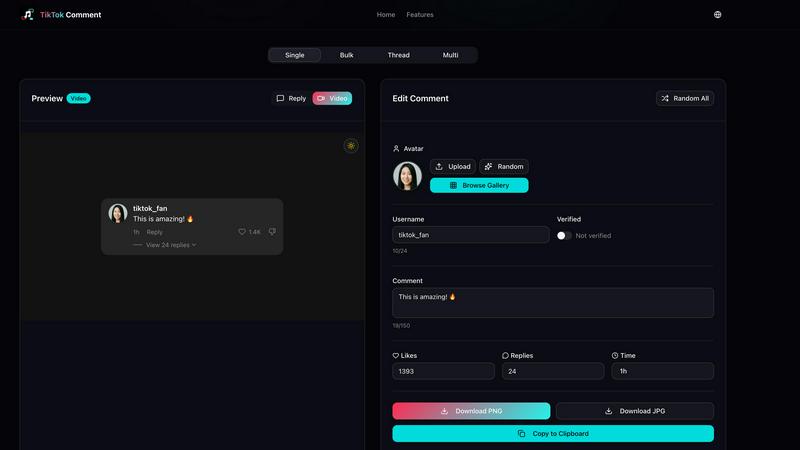 Tiktok Comment Generator application interface and features